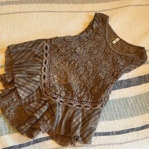 Free People Brown Lace Tank Top with back cut out and freyed hem